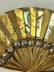 Vintage Miriam Haskell Faux Baroque Pearl Etched Design Gold Tone Fan Brooch Pin