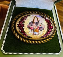Antique Goofus Glass Reverse Painted Flower Basket Pin Brooch Vintage