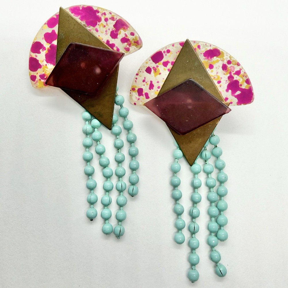 Vtg RARE 80s Post Modern Pop Art Pink Resin Blue Tassel Statement Earrings Post