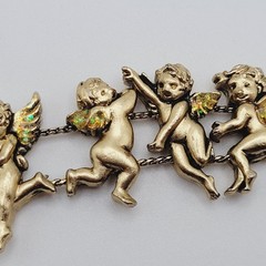 Cherub Angels Iridescent Glitter Wings Gold Tone Vtg Slide Bracelet 7.5 Inch