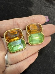 Vintage Signed Kenneth Lane Green & Orange Rhinestone Runway Clip-On Earrings