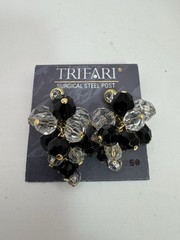 Trifari Vintage Cluster Earrings Black Clear Faceted Bead Surgical Steel Post