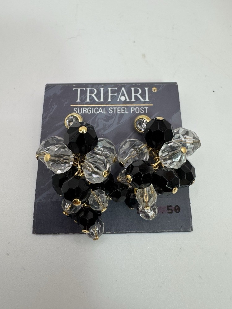 Trifari Vintage Cluster Earrings Black Clear Faceted Bead Surgical Steel Post