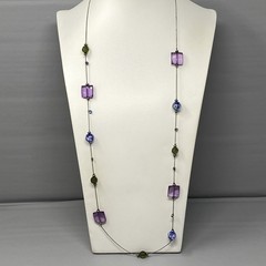 Glass Bead Station Necklace Blue Flower Lampwork Purple Acrylic Black Tone 36″