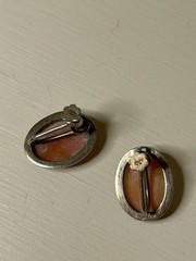 Mid-Century 800 Silver & Marcasite Shell Cameo Parure: Matching Brooch Earrings