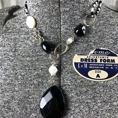 Vintage Black And White Beaded Necklace With Faceted Teardrop Pendant