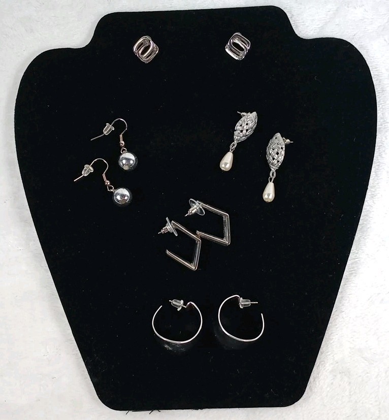 Vintage Earring Lo9t 5 Pair Silver Tone Studs Wide Hoops Dangle Beads Faux Pearl