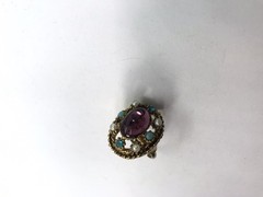 Vintage Cocktail Ring Adjustable Purple oval cabochon rhinestone Faux Pearl Mod