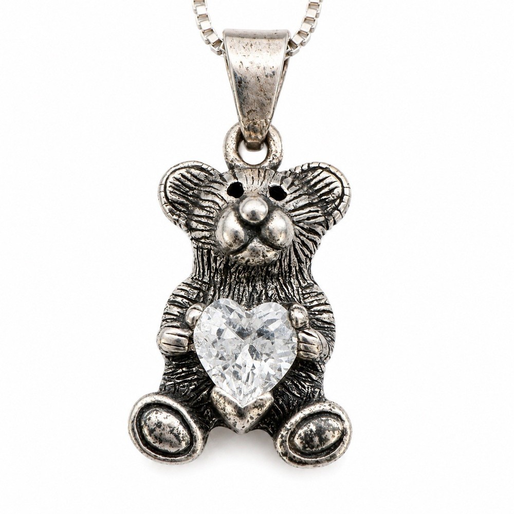Signed Mark Wasserman Samara Sterling Silver Teddy Bear Heart Necklace
