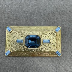 Vintage Rectangle Gold Tone With Blue Glass Rhinestones Pin Brooch