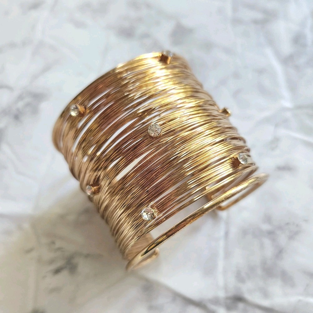 Wide Cuff Multi Strand Wire Bracelet With Rhinestone Gold Tone Embellished