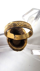Vintage Blue Glass Ring Floral Dome Gold Tone Metal Band Adjustable Etched