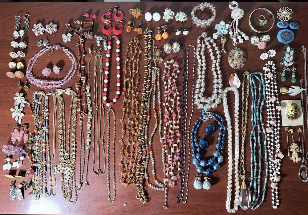 3lbs Misc Jewelry 1950-70s – 68 pieces – Necklaces, Rings, Pendants – Beautiful