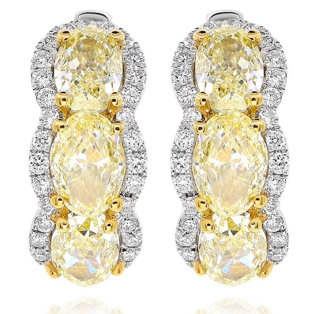 WIDE 3.51CT WHITE & FANCY YELLOW DIAMOND 18KT TWO TONE GOLD 3D HANGING EARRINGS