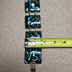 Vintage MCM Bracelet Enamel on Copper 1.75″ Wide 4 Panel Modern Green Artisan