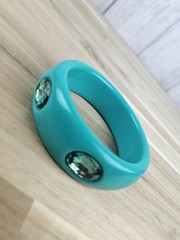 Vintage 1990s Bluegreen Teal Plastic Bangle Bracelet with Faceted Stone Inlays