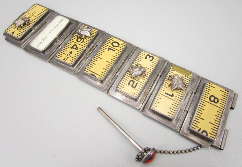 UNUSUAL ARTISAN LISA FIDLER STERLING WOOD RULER INSECT FOUND OBJECT BRACELET