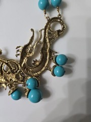 Double Strand Chunky Turquoise Color Blue Bead Necklace Gold Tone Dragon Pendant