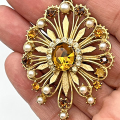 Vintage Francois by Coro Rhinestone Brooch & Pendant Necklace Gold Tone 16″