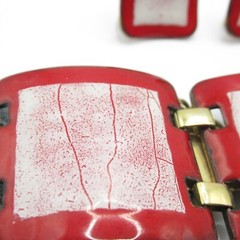 Set Copper Enamel Red White Vintage Bracelet Matching Screw Back Earrings MCM