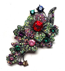 Vintage 3.5 Rhinestone Floral Pin Blackened Silver Tone signed