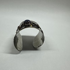 Vintage Mixed Metals Brutalist 7″ Cuff Bracelet Blue Swirl Glass Stone
