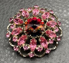 Vintage Rivoli Aurora Borealis Pink Rhinestone Brooch Pin Filigree Silver Tone
