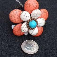 Bohemian Chunky Ring 3d Flower White Turquoise & Orange Gemstone Natural New