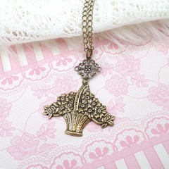 Flower Basket Necklace Antique Brass Handmade Floral Pendant Victorian Style