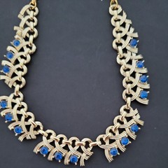 Vintage Gold Tone Blue Rhinestone Choker/Necklace w/Hook Clasp