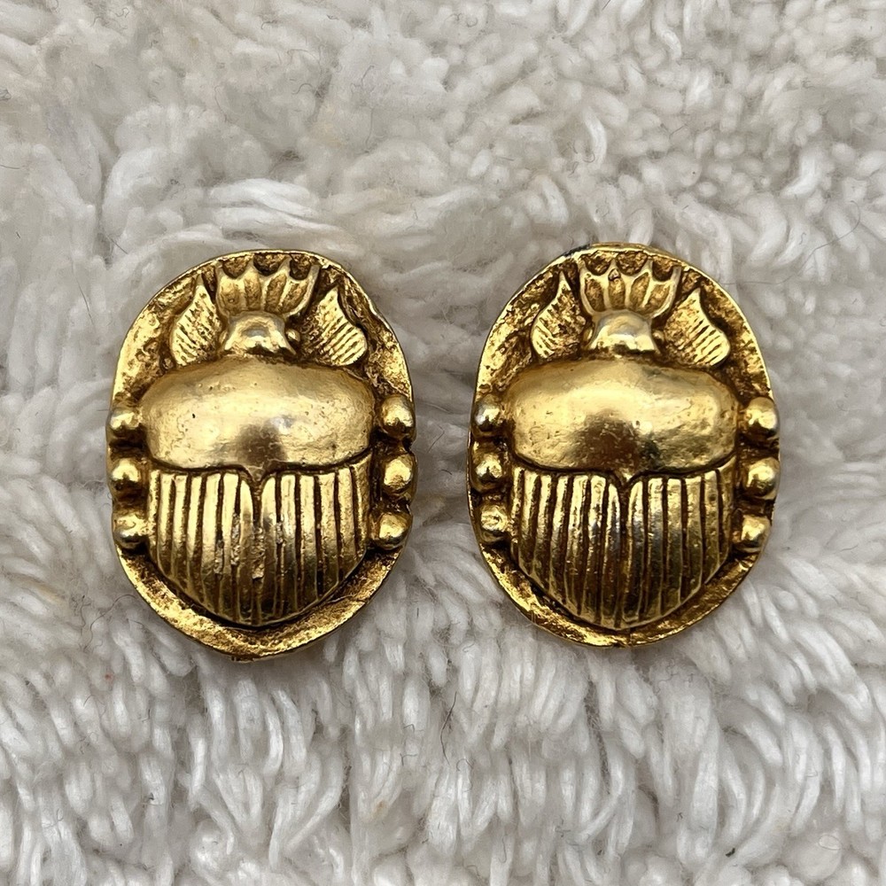 Vintage Scarab Beetle Brooch Lot of 2 Brushed Gold Tone Signed Alva Replica