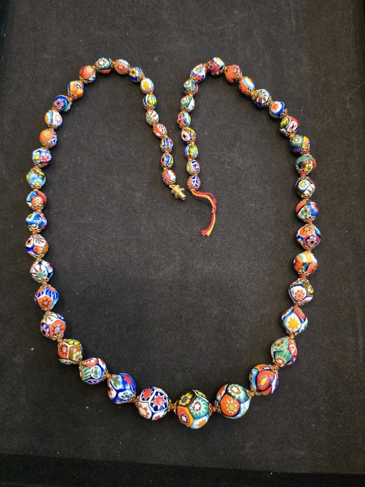Vintage Venetian Murano Millefiori Glass Graduated Bead Necklace Floral 26in