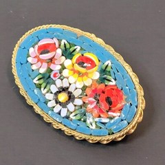Italian Mosiac Flower Brooch Aqua Background Multicolor Flowers Italy 1.75″