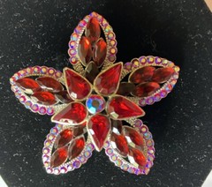 Red Rhinestone Flower Brooch 2 Inches