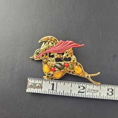 Gold Tone Rhinestone Multicolor Color Cabochon Flying Reindeer Brooch
