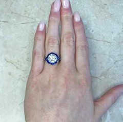 Art Deco Style Lab Created Diamond & Sapphire Engagement Ring 14K White Gold FN