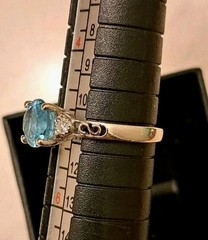 Petite 14k Solid White Gold Natural Blue Topaz and Diamond Ring Size 5