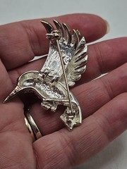 Vintage HummingBird In Flight Brooch Pin Silver Tone Rhinestones With Green Eye