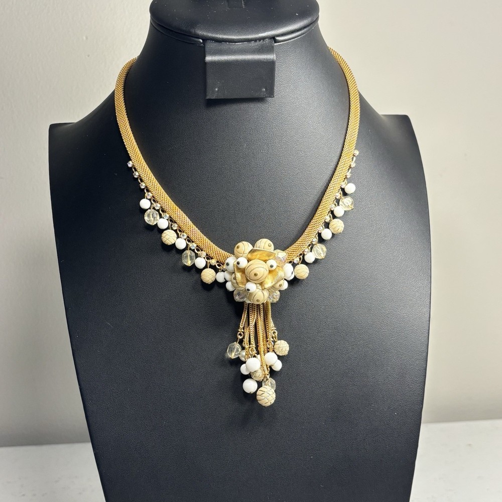 Vintage High End White Cream Clear Beads AB Rhinestone Gold Tone Mesh Necklace