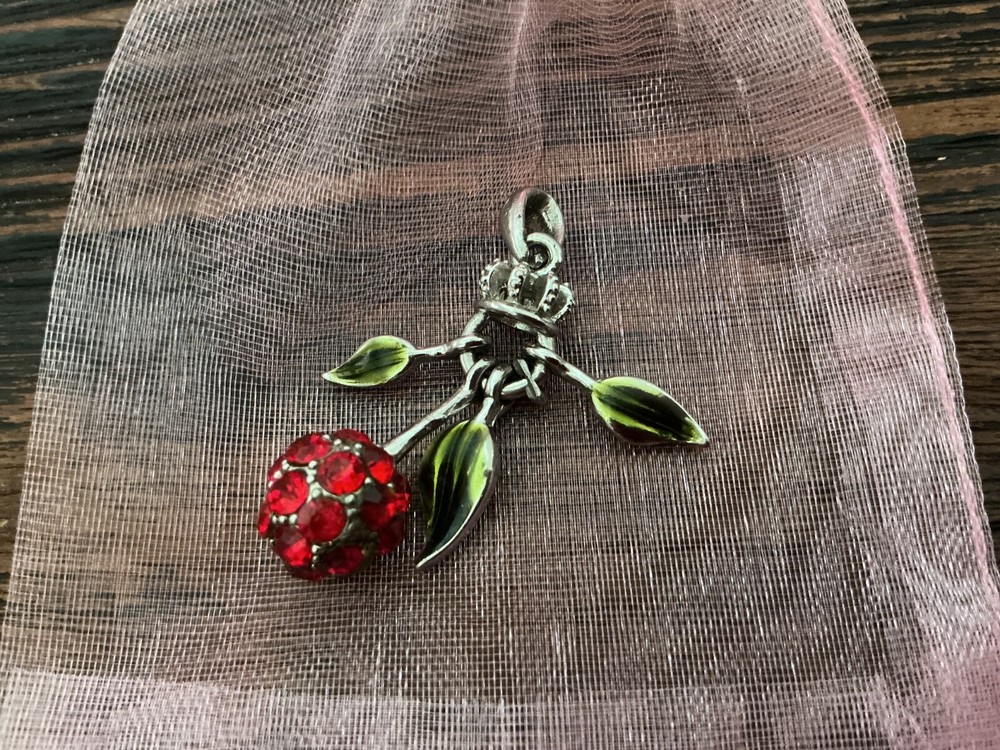 Vintage JUICY COUTURE Rhinestone Red Cherry Pendant Enameled Leaves