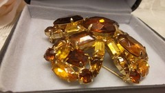 Vintage Amber Brown Topaz & Rhinestone Domed Flower Brooch Eisenberg ?