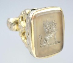 Superb Antique Georgian Gold Fill Chalcedony Griffin Sword Intaglio Seal Pendant
