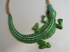 Goldtone Green Rhinestone Alligator Crocodile Scoop Statement Necklace (F28)