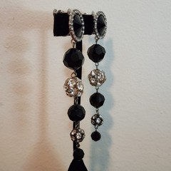 Vintage Signed Les Bernard Rhinestone & Faceted Black Dangle Ball Earrings 4″