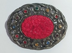 Vintage Dark Silver-tone Open Oval Brooch w/ Carved Glass? Floral Centerpiece