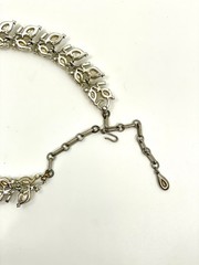 Vintage Lisner Faux Pearl Necklace Signed Rhinestone Floral Silver Tone MCM