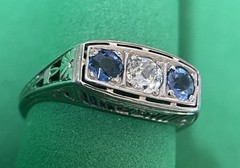 18k White Gold Art Deco Natural European Cut Diamond & Sapphire Ring