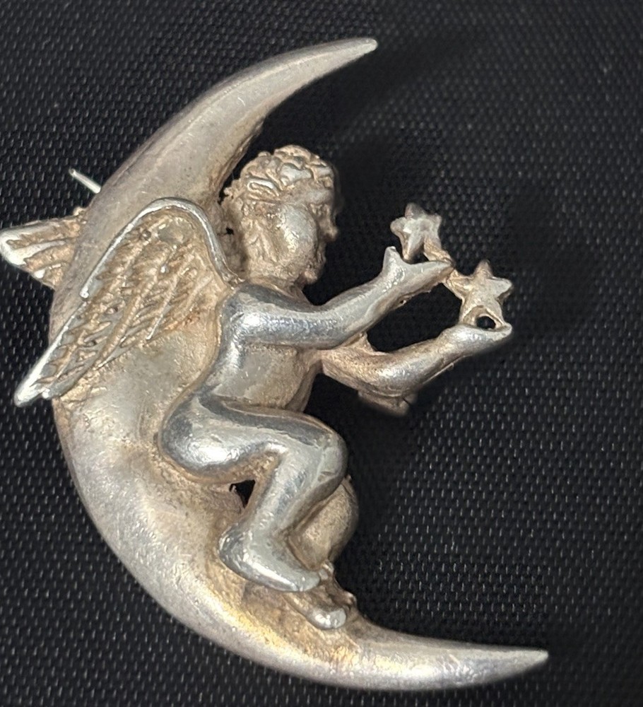 Vintage Sterling Silver Brooch Pendant Cherub Crescent Moon Celestial 8g 1.5”