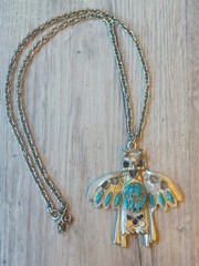 Vintage Thunderbird Faux Turquoise Silvertone Potmetal Pendant Necklace