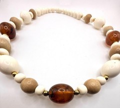 Vintage off white light wood and brown marbled amber colored beaded necklace